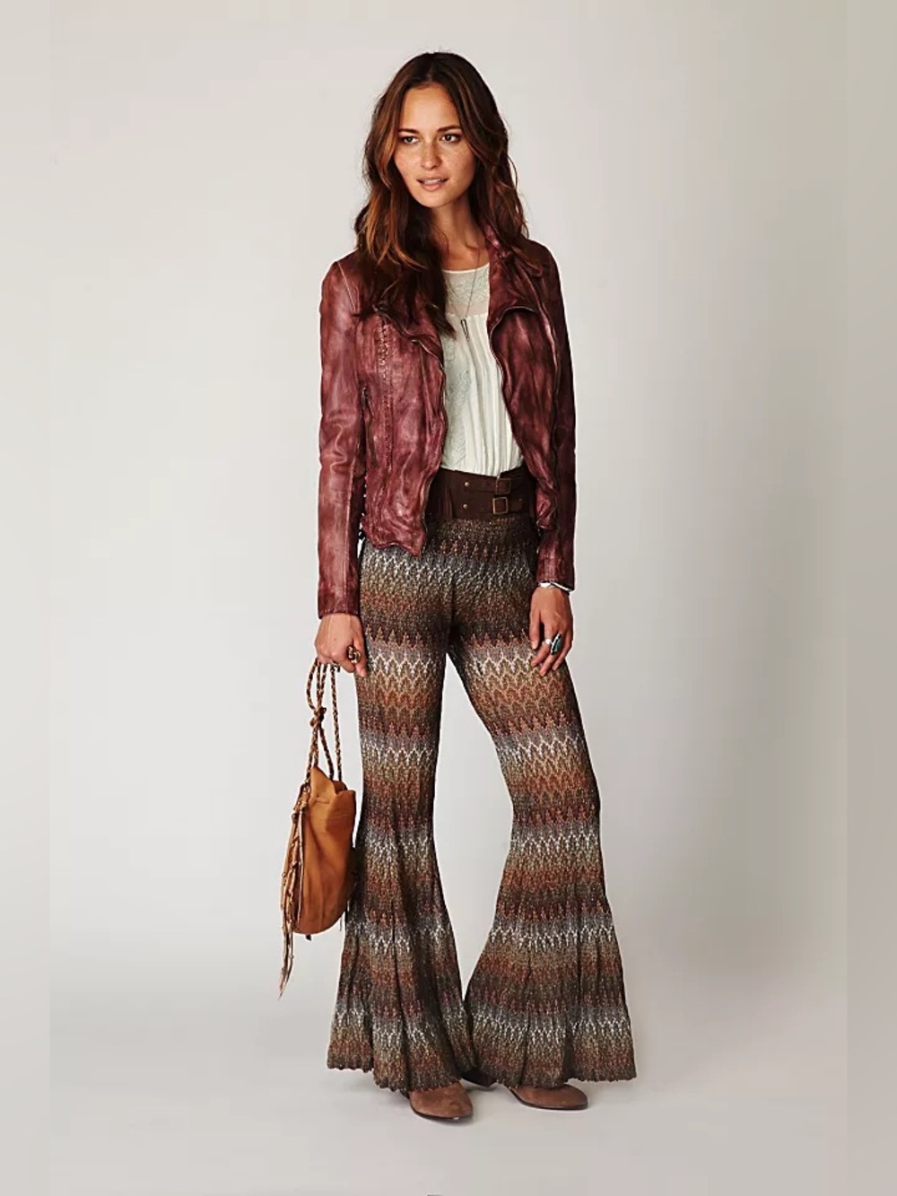 Free People Brown Multicolor Chevron Mesh Fit&Flare Bell Bottom Pants {Large}